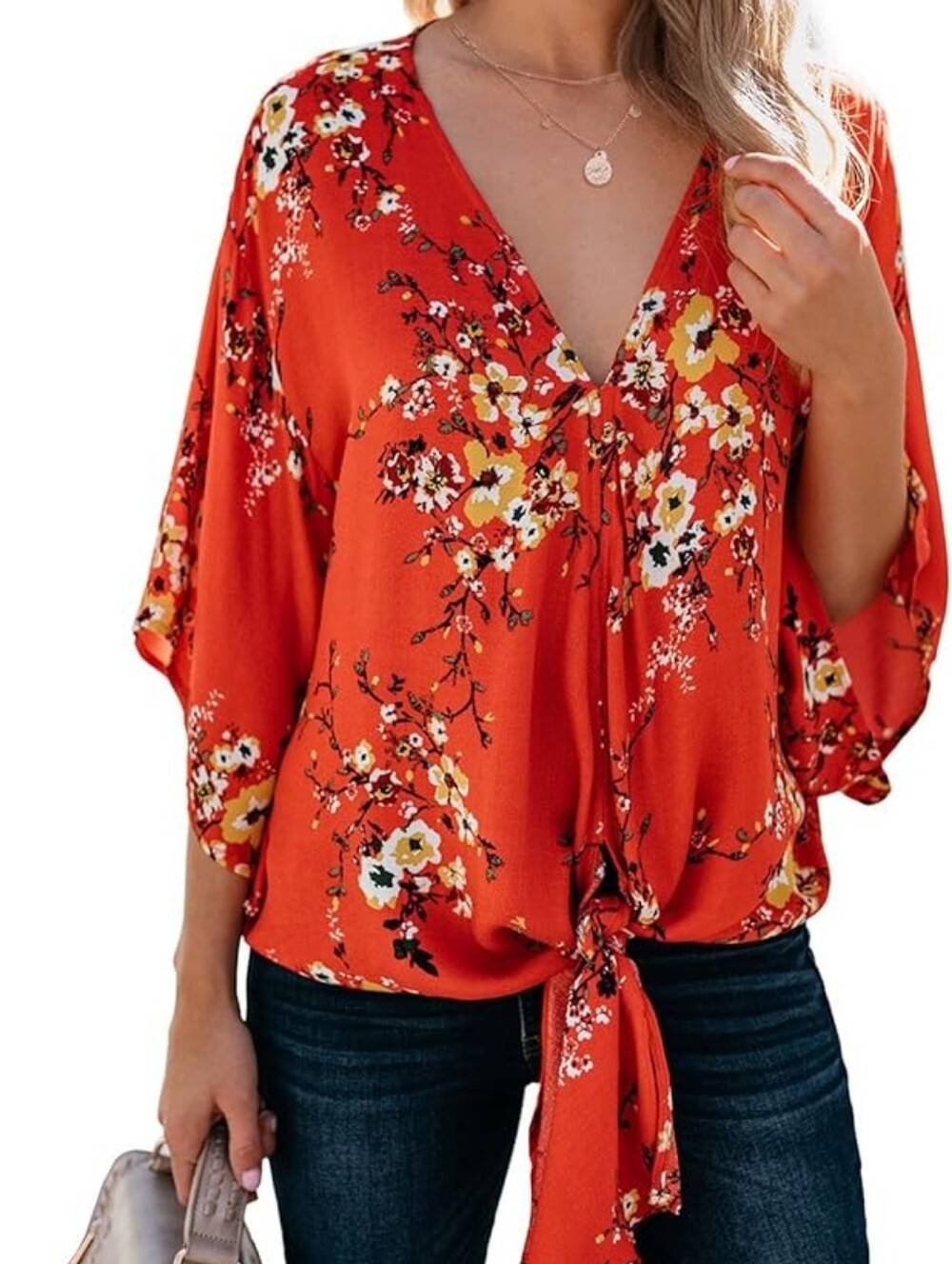 Bluetime Boho Floral Tie-Front V-Neck Blouse - Red Med NWOT